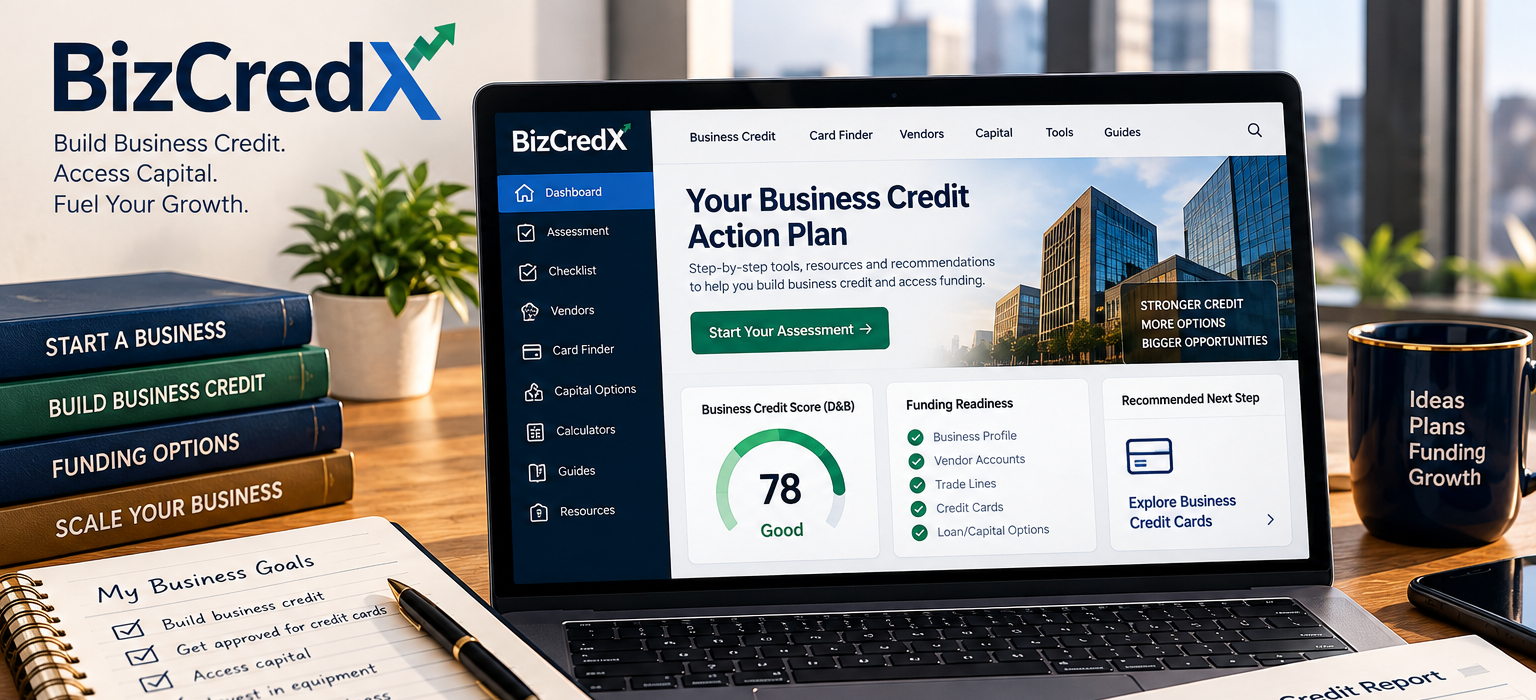 BizCredX dashboard showing a business credit score, funding readiness checklist, and recommended next step