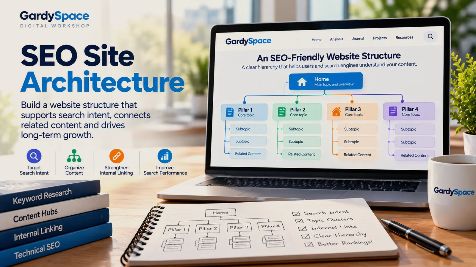 SEO site architecture diagram on a laptop: a homepage branching into four pillar topics, each with subtopics and related content, beside a notebook checklist for search intent, topic clusters, internal links, and clear hierarchy