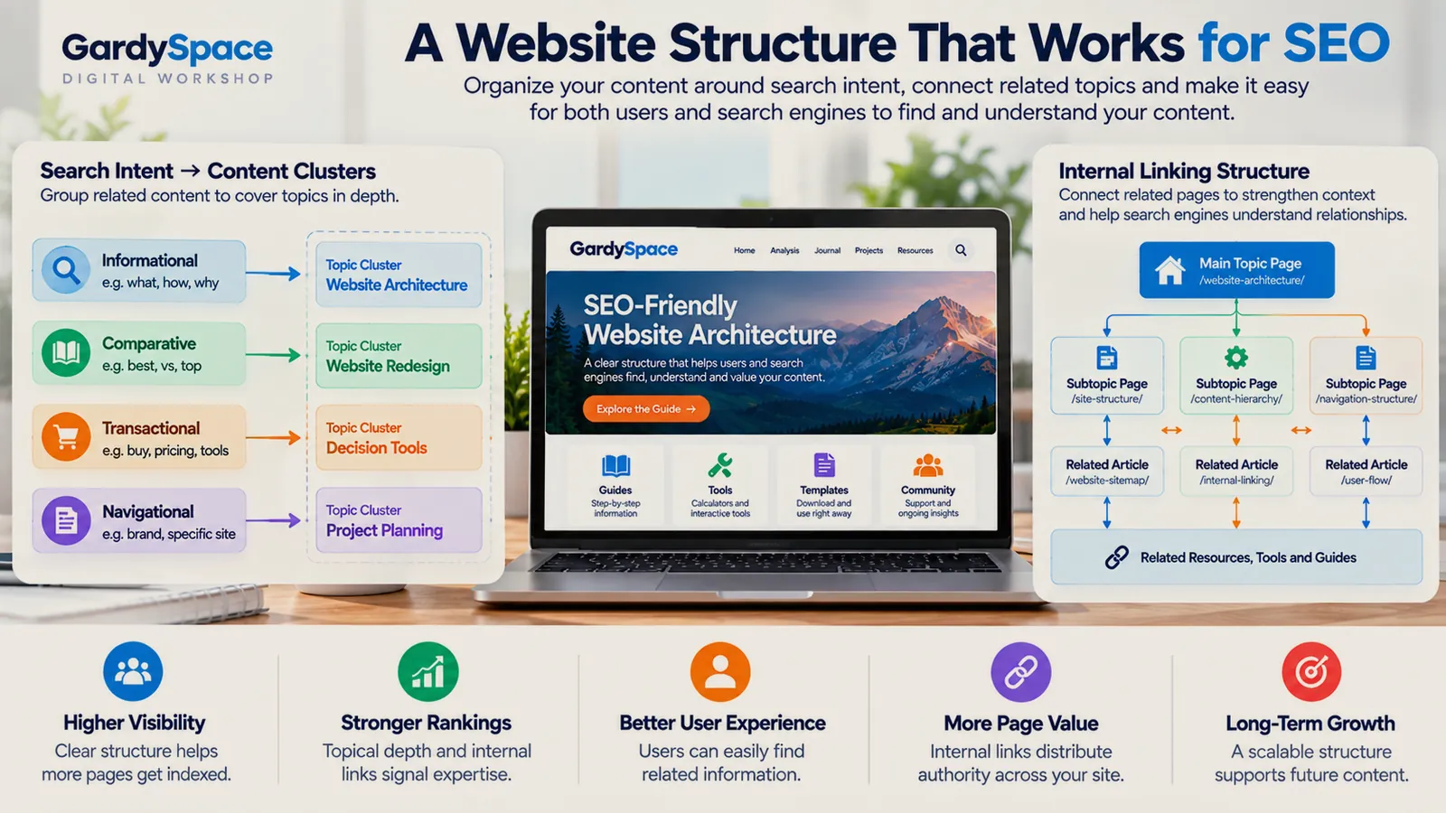 SEO website structure infographic: four search intents (informational, comparative, transactional, navigational) mapped to topic clusters, a main topic page with subtopic pages and related articles connected by internal links, and outcomes including higher visibility and stronger rankings
