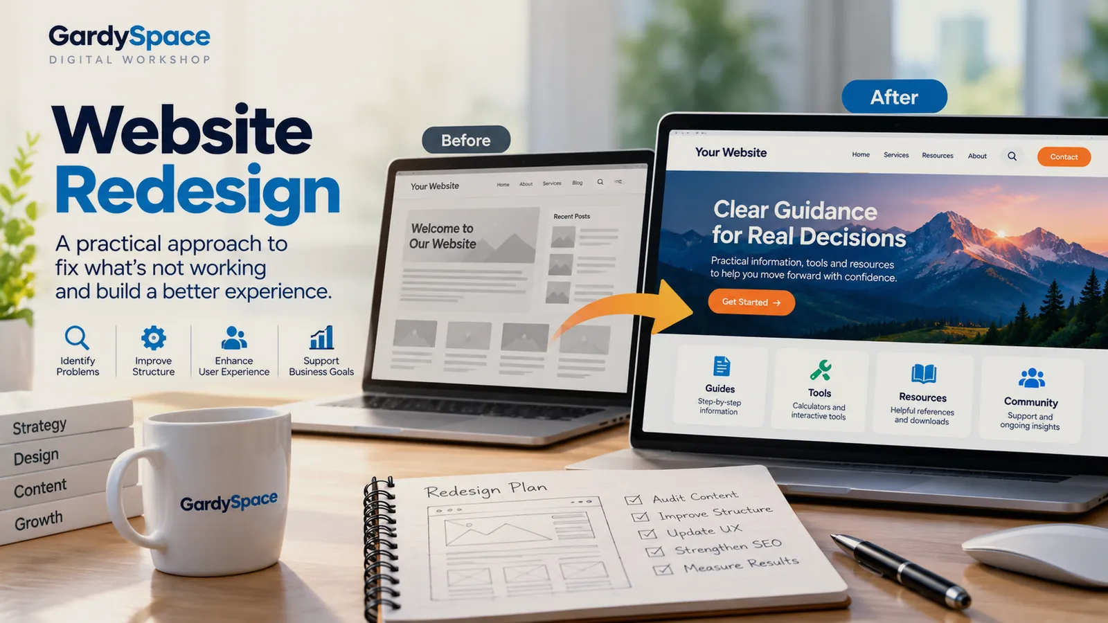 Before and after laptops showing a cluttered generic website transformed into a clear layout with guides, tools, resources, and a single call to action, beside a notebook redesign plan: audit content, improve structure, update UX, strengthen SEO, measure results