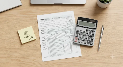 A tax form, calculator, pen, and sticky note with a dollar sign and rising arrow on a wooden desk