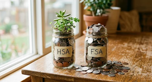 Two glass jars of coins labeled HSA and FSA on a windowsill, one with a small plant growing from it