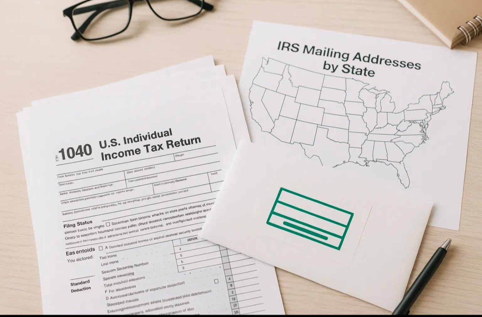IRS tax documents and state-by-state mailing address reference materials