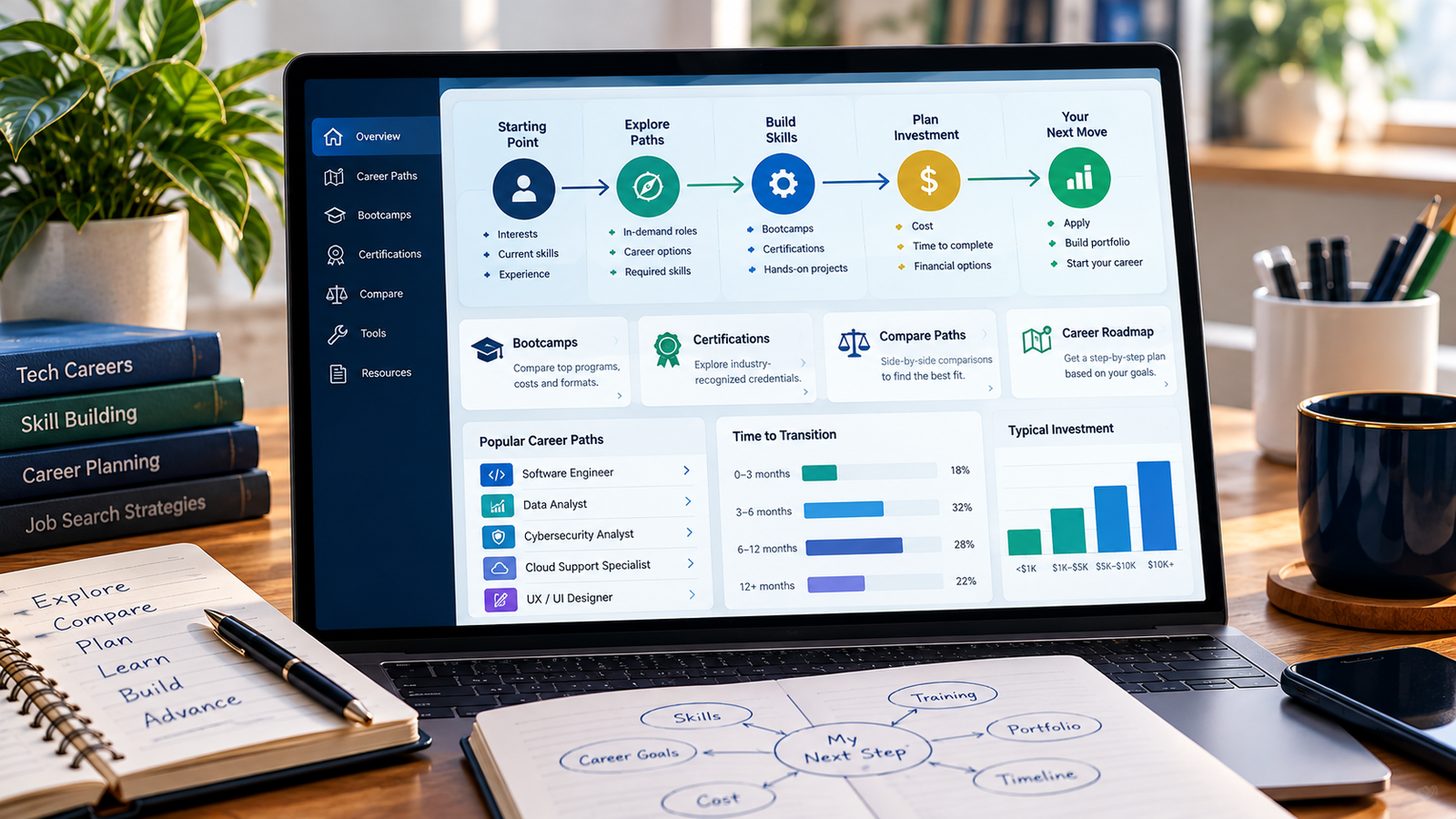 Editorial visualization of a career-planning dashboard showing starting point, career paths, skills, investment, and next move